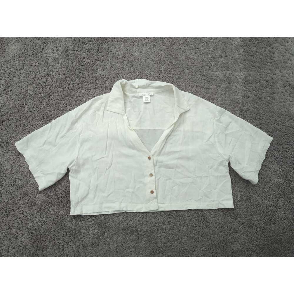 Kirious Button Down Shirt Women Large White Cropped Linen Blend Short Sleeve Top